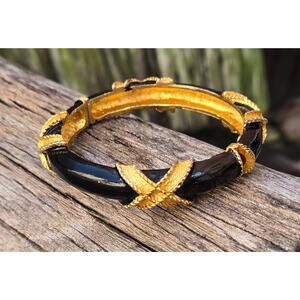 Vintage Designer PAULINE RADER Black Enamel Hinged Clamper/Bangle Bracelet